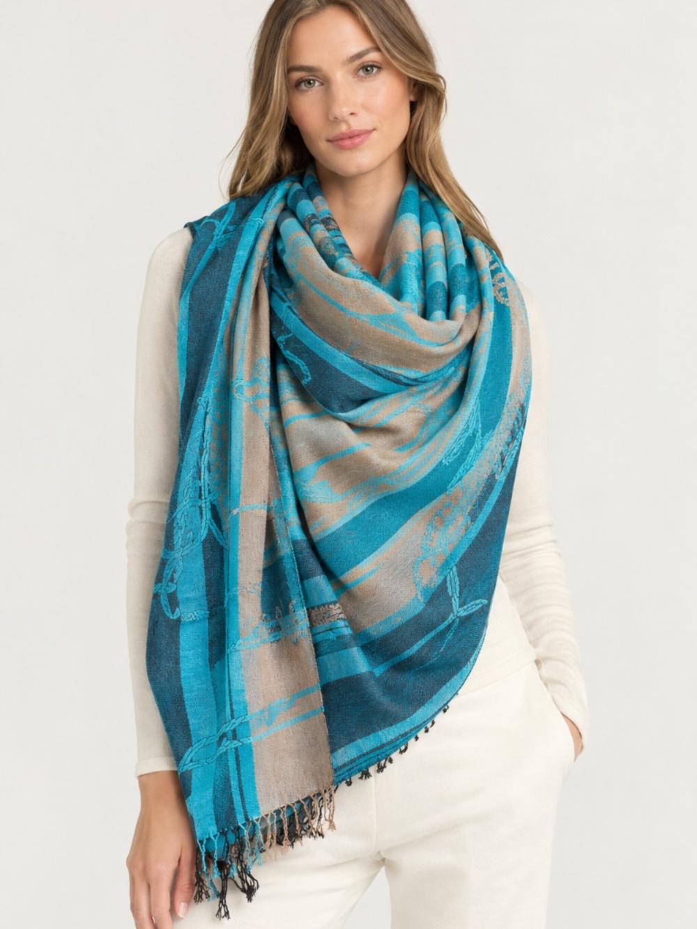 Reversible Pashmina Shawl Scarf Turquoise Blue Tan Abstract Script Fringed